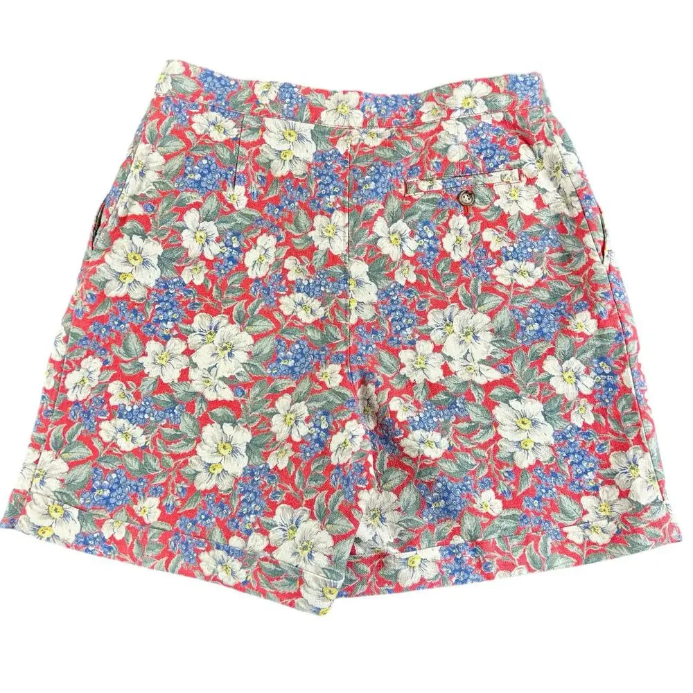 Jones New York Linen Cotton Shorts Petite Women Size 8P Red White Blue Floral